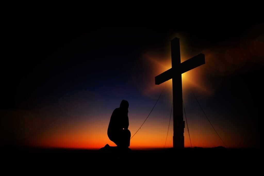 cross, sunset, humility, devotion, silhouette, human, kneeling, knee, pray, worships, prayer, faith, religion, church, symbol, clouds, heaven, christian, crucifixion, quiet, immersion, jesus christ, meditation, jesus, christ, christianity, black, nature, figure